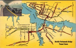 VIRGINIA NORFOLK PORTSMOUTH TUNNEL BRIDGE VINTAGE LINEN POSTCARD - Picture 1 of 2