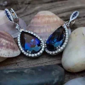 3CTW Pear Cut Lab-Created Sapphire Women's Wedding Earrings 14K Yellow Gold Over - Picture 1 of 3