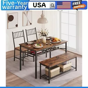 Dining Table Set for 4 Kitchen Table and 2 Chairs with Storage Bench Wine Rack - Picture 1 of 12