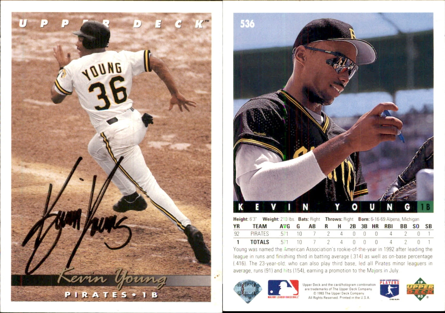 Kevin Young Signed 1993 Upper Deck #536 Card Pittsburgh Pirates Auto AU