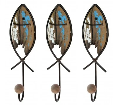 3Pc Metal Fish Wall Hooks Wooden Nautical Hook Scarf Leads Coat Hooks Key Hanger - Image 1 of 2