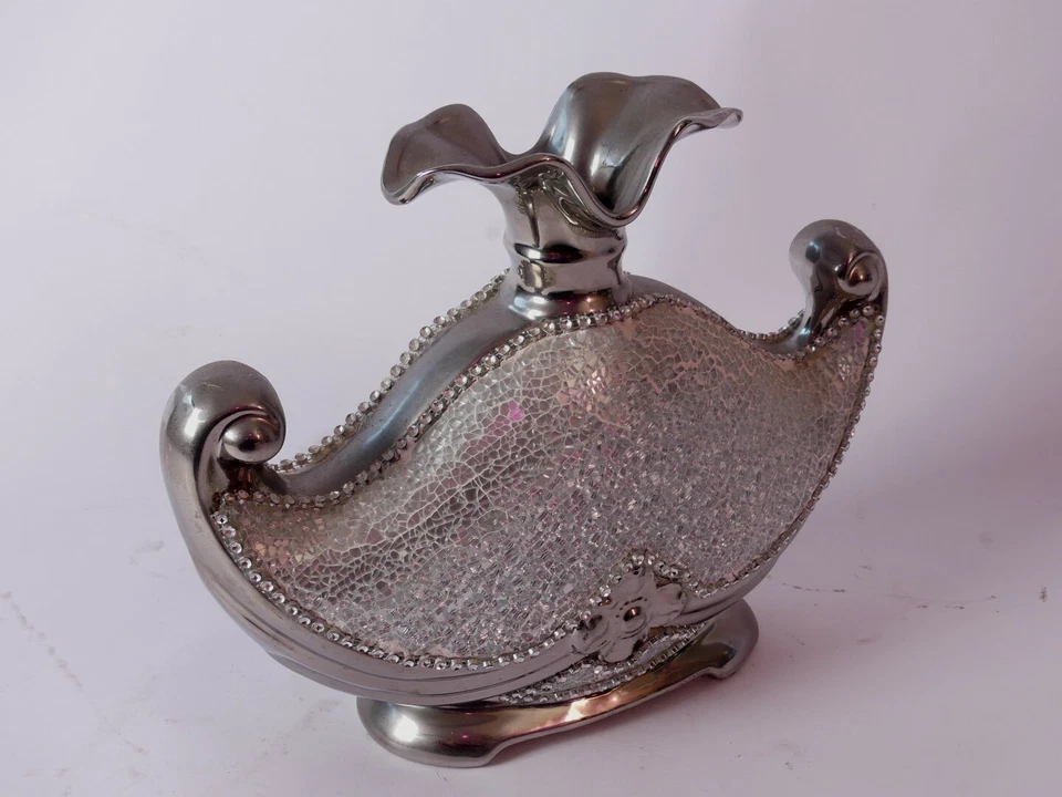 DESIGN BLUMEN VASE CHROM BRUCHGLAS KERAMIK H 26,8xB 33 x 6,8 cm Für FENSTERBANK - Bild 1 von 1