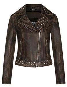 Women's Leather Black Studded Biker Jacket Brando Motorcycle Gothic Style Jacket - Picture 1 of 6