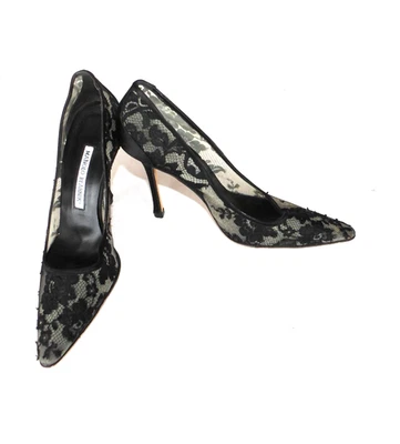 Zapatos de tacón de aguja Manolo Blahnik de encaje negros florales punta puntiaguda talla 38 IT de colección Foto 1 de 4