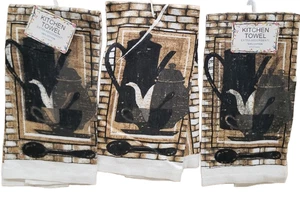 Set of 3 Same Kitchen Towels w/defect (15"x25") 2 TEAPOTS,COFFEE CUPS & SPOON,AM - Picture 1 of 12