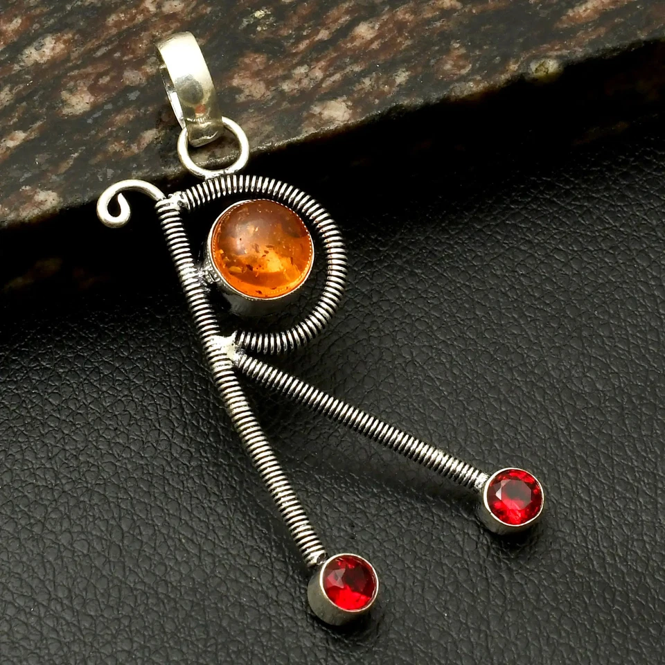 Joyería colgante R de piedras preciosas granate ámbar hecha a mano para año nuevo 2,4" AP-40640 Foto 1 de 1