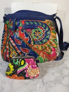 Set portafoglio 2 pezzi Vera Bradley blu veneziano paisley nylon puffer tracolla  - Foto 1 di 14