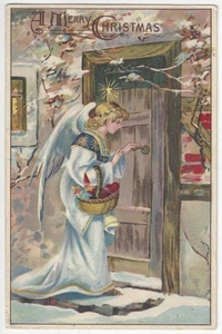 1908 Merry Christmas Angel Delivers Basket of Gifts, Apples - Holiday Postcard - Picture 1 of 2