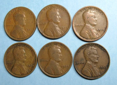 Lote de 6 centavos Lincoln Wheat Backs 1920, 1924, 1925, 1926, 1927 y 1939 ¡Bonito! Foto 1 de 4