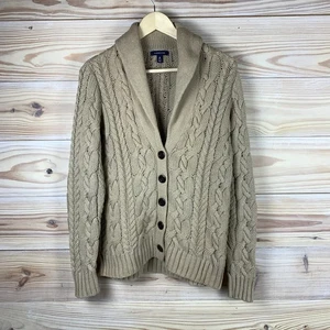 Lands End Strickjacke Pullover Damen Medium Grob Zopfmuster Hellbraun Schalkragen Academia - Bild 1 von 12