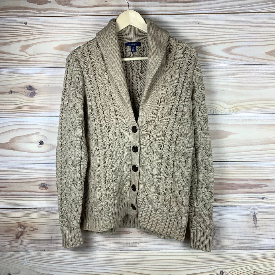 Lands End Cardigan Sweater Women Medium Chunky Cable Tan Shawl Collar Academia - Image 1 of 4