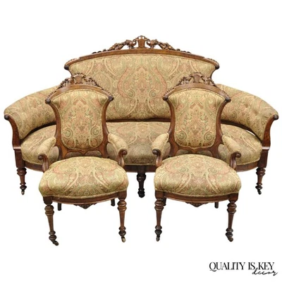 Antiguo juego de sofá y 2 sillas de salón de nogal burl tallado victoriano Eastlake - 3 piezas Foto 1 de 4