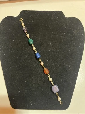 Semi Precious Stones Nuggets & Pearl Bracelet GoldTone 7” Foto 1 de 4
