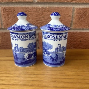 Spode Blue Italienische Kräutergläser Zimt & Rosmarin Keramik Vorratstöpfe Blau Weiß - Bild 1 von 5