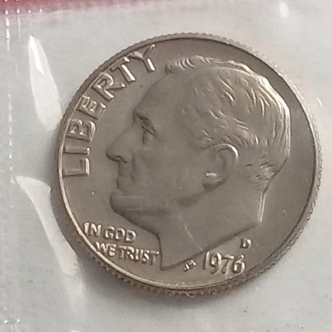 1976-D Roosevelt Dime from Mint Set in Cellophane Uncirculated Cover