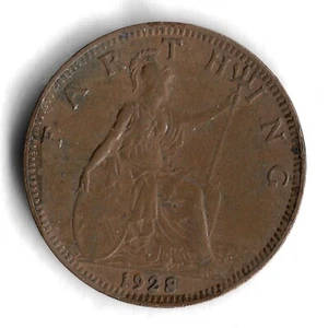 1928 UK Great Britain 1 Farthing World Coin - Mintage 11,625,600 - KM# 825 - Picture 1 of 2