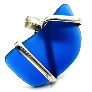 Royal Blue Art Glass Dinner Ring Silver Tone Boho Festival Party Classic Artsy - Picture 1 of 7
