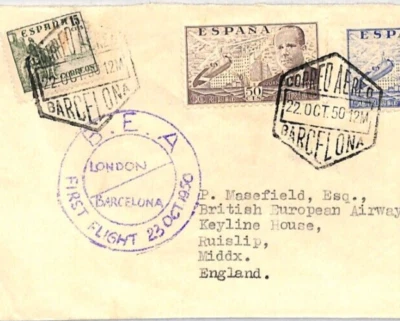 SPAIN Air Mail BEA FIRST FLIGHT Barcelona 1950 GB Middx Ruislip {samwells}ZD157 - Image 1 of 4