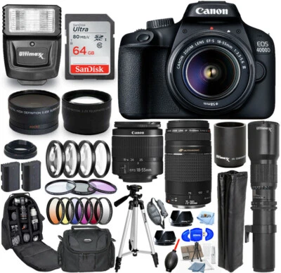 Canon EOS 4000D / Rebel T100 18-55mm + 75-300mm + 500mm 30 Piece Accessory Kit - Image 1 of 4