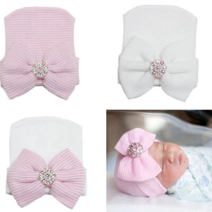 Newborn Baby Cotton Bow Soft Stretchy Hospital Hat Beanie Infant Girl Boy Kid - Picture 1 of 20