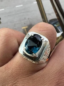 18k White Gold Natural London Blue Topaz Gemstone Men's Ring Valentine Gift 0665 - Picture 1 of 7