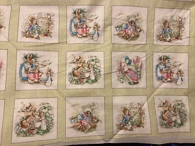 Beatrix Potter 2006 Cranston Quilting Treasures Cotton Panel Cut Green Squares - Image 1 of 3