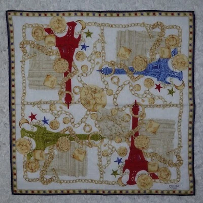 L566 CELINE Blanco Algodón Bufanda Bufandas Bolsillo Cuadrado 17.5" X 17.5" Foto 1 de 4