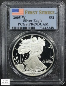 2005 W Proof First Strike American Silver Eagle $1 ASE PCGS PR69 DCAM Deep Cameo - Picture 1 of 3