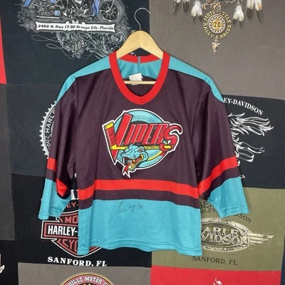 Camiseta de hóquei Detroit Vipers masculina G/XL vintage ASSINADA legada menor anos 90 - Imagem 1 de 4