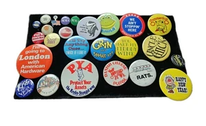 Vtg 25p Lot Button Tab Pins 70/80's Retro Humour Advertising Hat Bag  - Picture 1 of 20