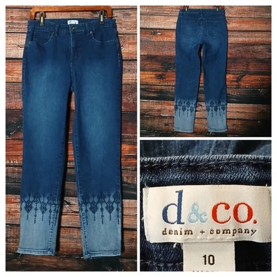 Denim & Co Jeans Size 10 Slim Ankle Embroidered Dip Dyed Blue Denim Stretch  - Image 1 of 4