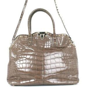 VALENTINO $18,700 Warm Brown Crocodile Skin Large ROCKSTUD Tote Bag