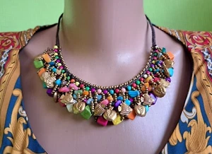 Ethnic Tribal Multicolor Boho Cord Necklace Choker Brass Noisy Left&Fish Pendant - Picture 1 of 15