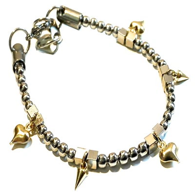 Bracciale da donna con sfere in acciaio inox con ciondoli cuore oro braccialetto - Immagine 1 di 4