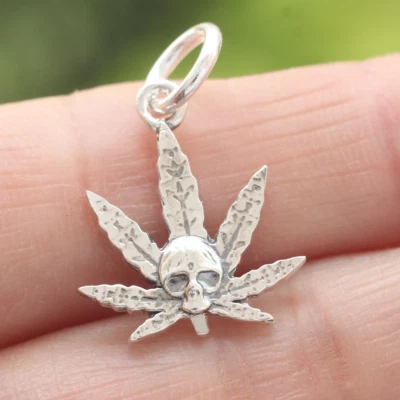 Dije colgante de plata esterlina 925 hoja de hierba de cannabis calavera marihuana regalo único Foto 1 de 4