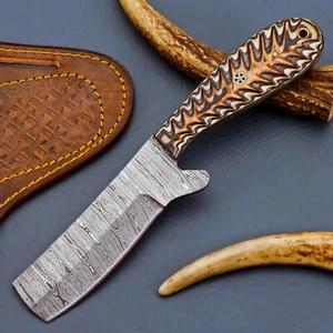 Handmade Damascus Cowboy Bull Cutter Knife With Bone Handle And Pancake Sheath - Picture 1 of 7