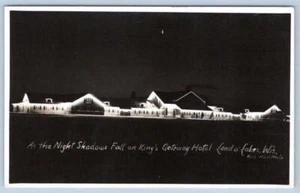 1940's RPPC LAND-O-LAKES WISCONSIN KING'S GATEWAY HOTEL AT NIGHT RICE MADE PHOTO - Picture 1 of 2