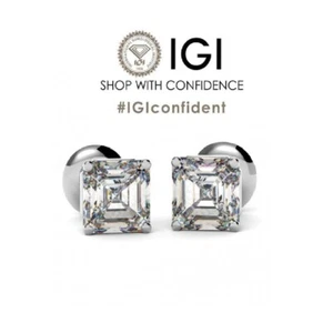 IGI Certified, 3.00 Ct E/VS Lab Grown Asscher Diamond Stud Earring, Platinum - Picture 1 of 12