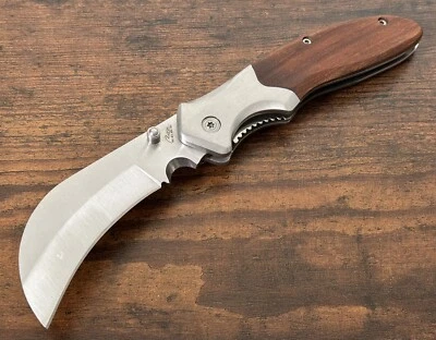 RITE EDGE Hawkbill Knife Old School Wood Handle Sharp OG Classic Modern Liner Lock Hook