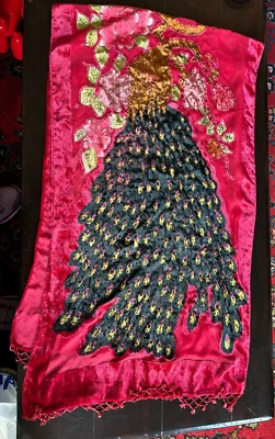 Bufanda de terciopelo aplastado con cuentas pavo real quemado chal envoltura de pájaros roja vintage Foto 1 de 4