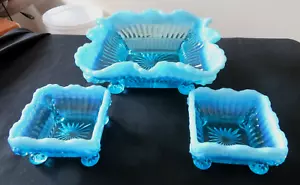Antique EAPG Northwood Alaska Blue Opalescent Master & 2 Berry Bowls Exc Cond - Picture 1 of 13