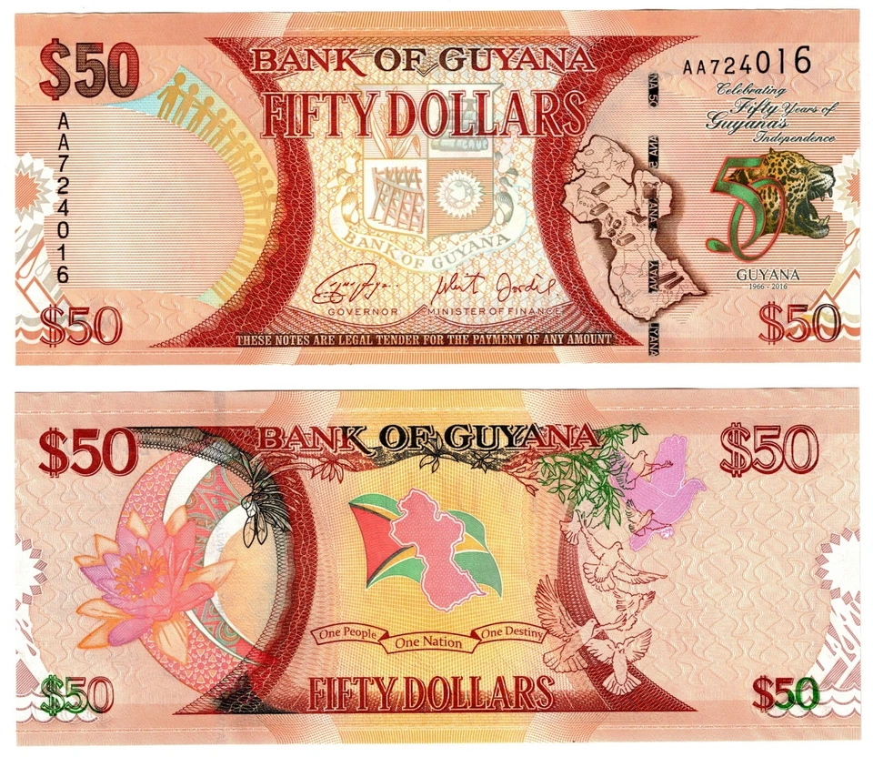 Billete de 50 dólares Guyana P41 2016 50 años Independencia UNC AA prefijo Foto 1 de 1