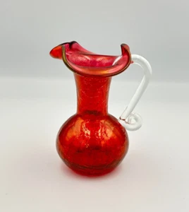 Cranberry Crackle Glass 4.5" Pitcher w/Applied Clear Glass Handle - Picture 1 of 9