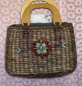 Vintage Beaded Boho Beaded Brown Straw Purse W/ Wood Handles  - Picture 1 of 6