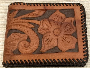 Geldbörse handbesetzt genähtes Leder Brieftasche Doppelfaltung Western Blumenmuster - Bild 1 von 12