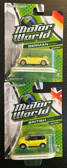 1:64 GREENLIGHT MOTOR WORLD VOLKSWAGEN BEETLE & MINI COOPER YELLOW CONVERTIBLES - Image 1 of 1