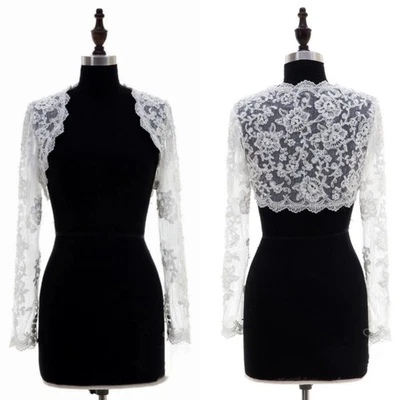 White Wedding Jacket for Bride Bolero Lace Ivory Long Sleeves Bridal Jackets - Image 1 of 4