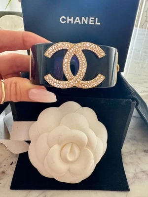Chanel A17 Black Resin Crystal CC Logo Wide 1.1” Vintage Cuff - Image 1 of 4