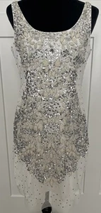 Vestido Vaina Corto Sin Mangas Adrianna Papell Talla 12 Con Cuentas Brillante Marfil Boda Fiesta - Imagen 1 de 15