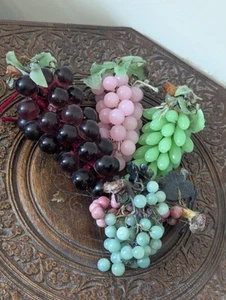 Vintage 5 X Large Jade Marble Stone Cluster Carved Grapes Berries Set - Picture 1 of 18